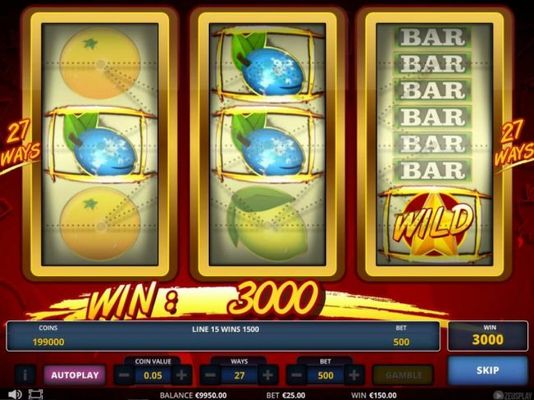 A winning combination of plum symbols triggers a 3000 jackpot win.
