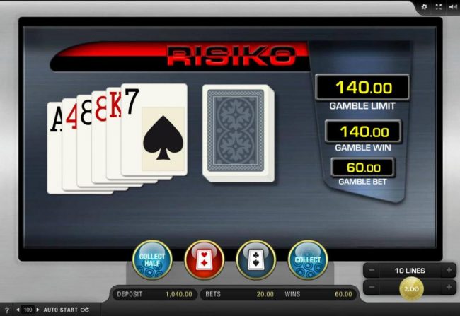 Risiko Gamble Feature - choose the color of the next card drawn. You can bet on red or black with the corresponding buttons.