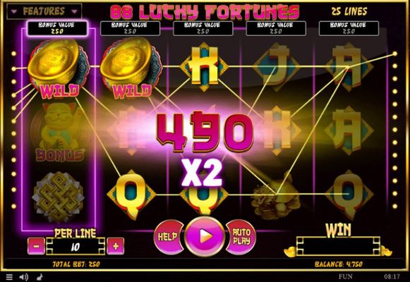 Multiple winning paylines with a 2X win multiplier