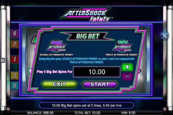 Big Bet Feature - Play 5 Big Bet spins for whatever amount you would like to wager and click start to begin the five game set.