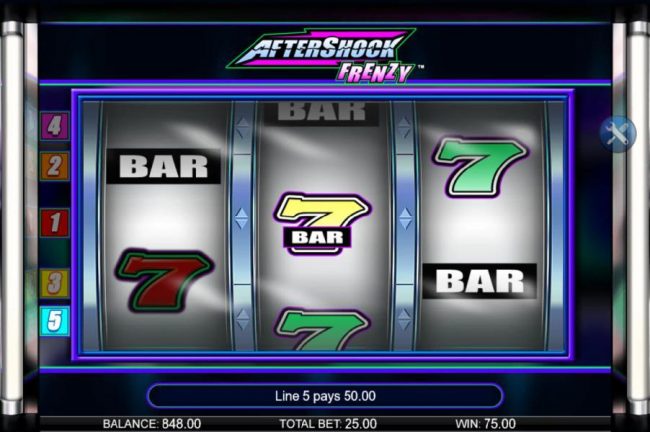 A pair of winning combinations triggers a 75.00 jackpot payout.