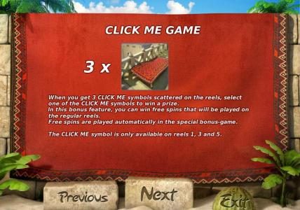 CLICK ME game, 3 CLICK ME symbols visible (scattered), wins a CLICK ME bonus. Choose from the visible CLICK ME symbols and the bonus prize you've won will be revealed.