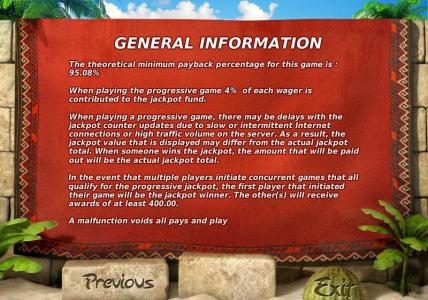 GENERAL INFORMATION - The theoretical minimum payback percentage for this game is: 95.08% A malfunction voids all pays and play.