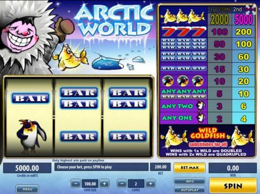 An Artic themed main game board featuring three reels and 1 payline with a $500,000 max payout
