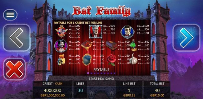 Slot game symbols paytable - high value symbols include the Bat Family Crest, Gandpa Dracula, Dracula and Mrs. Dracula.