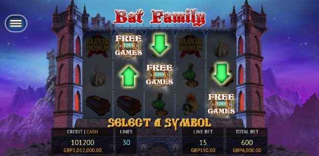 Free Games triggered by 3 or more Free Games symbols appearing on screen. Select a Free games symbol to reveal the number of free spins won.