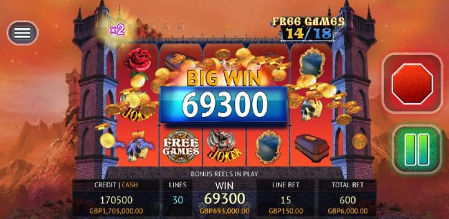 A 69,300 coin big win triggered by a five of kind.