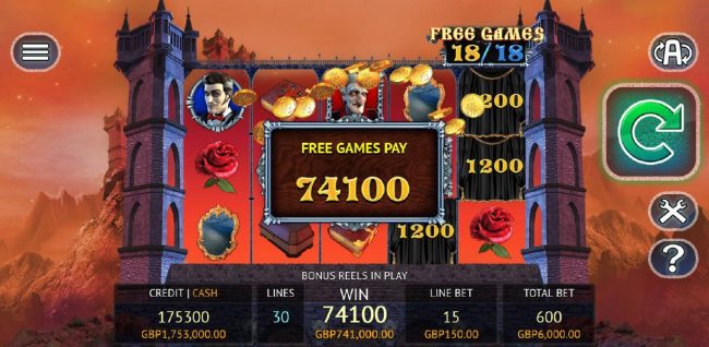 The Free Games feature pays out a total of 74,100 coins for a MEGA WIN!