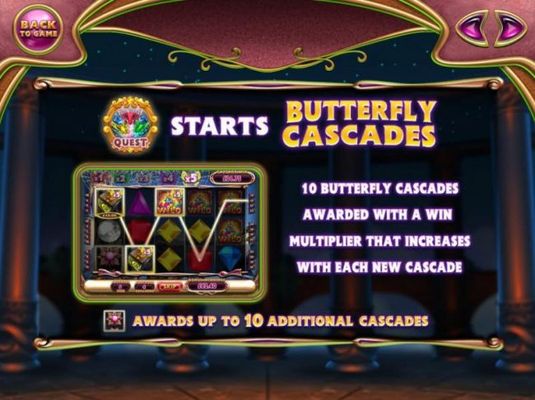 Butterfly Cascades - 10 Butterfly Cascades awarded with a win multiplier that increases with each new cascade. Get an additional 10 cascades when a flower symbol lands on the reels.