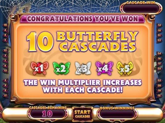 10 Butterfly Cascades Awarded with a win multiplier that increases from x1 to x5 with each cascade!