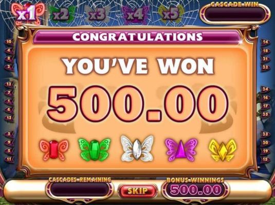 The Butterfly Cascades free spin feature pays out a total of 500.00 for a mega win!