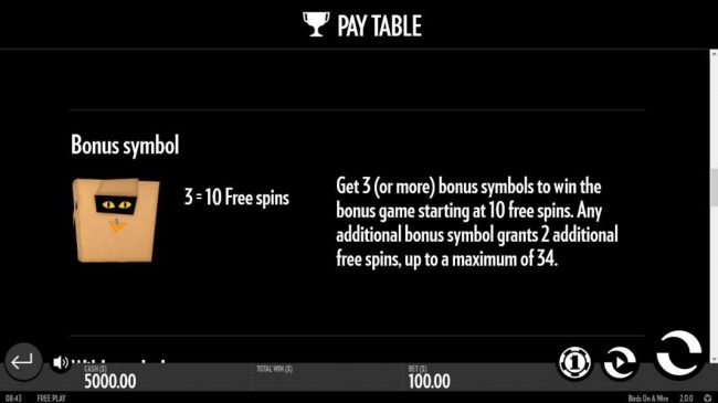 Bonus Symbol - Get 3 or more bonus symbols to win the bonus game starting at 10 free spins. Any additional bonus symbol grant 2 additional free spins, up to a maximum of 34.