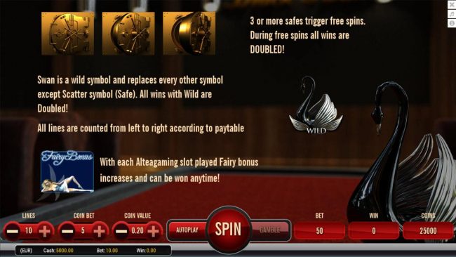 3 or more safes trigger free spins and swan is wild symbol and replaces every other symbol except scatter symbol