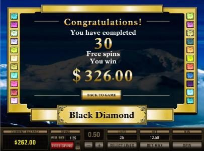 a total of 30 free spins was awarded and $326 was paid out