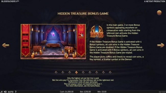 In the main game, 3 or more bonus symbols appearing anyhwre on consecutive reels starting from the leftmost reel activate the Hidden Treasure Bonus Game.