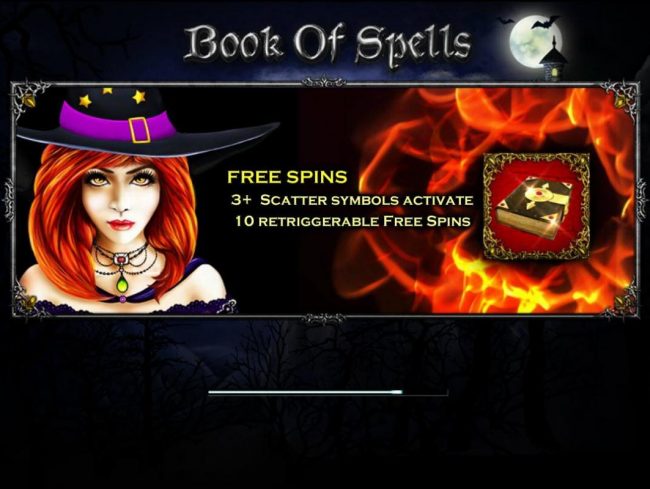 Game features include: Free Spins! 3 or more spell book scatter symbols activates 10 retriggerable Free Spins.