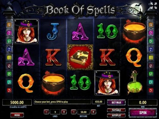 A halloween witch themed main game panel, featuring five reels and 9 paylines with a $250,000 max payout