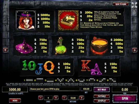 Slot game symbols paytable and Payline Diagrams 1-9.