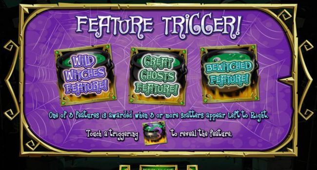 One of three features is awarded when 3 or more cauldron scatters appear left to right. Features include - Wild Witches Feature, Great Ghosts Feature and Bewitched Feature!