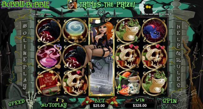 Winni the Witch triggers a three of a kind leading to a 328.00 jackpot.