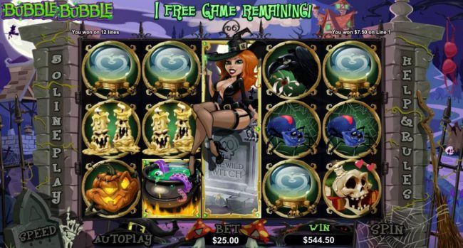 7 free games awarded - Winnin the Witch remains frozen on reel 3 during the free spins