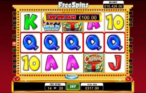five of a kind triggered during the free spins feature contibutes a $100 line prize
