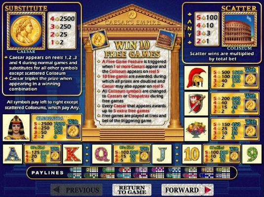 Slot game symbols paytable featuring Roman empire inspired icons.