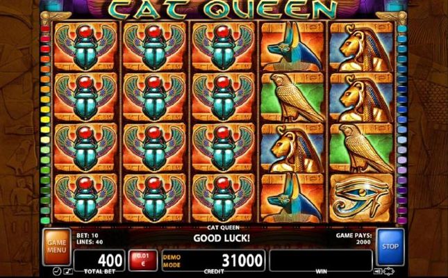 A 2,000 credit jackpot triggered by stacked scarab beetle symbols on reels 1, 2 and 3.