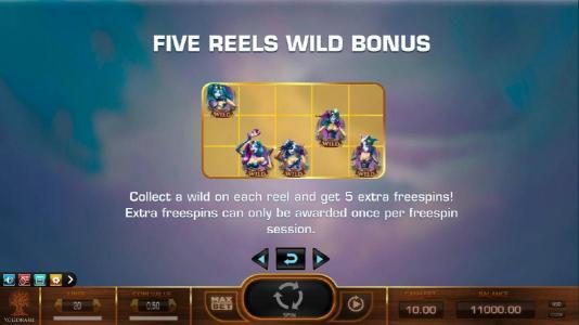 Collect a wild on each reel and get 5 extra freespins! Extra freespins can only be awarded once per freespin session.