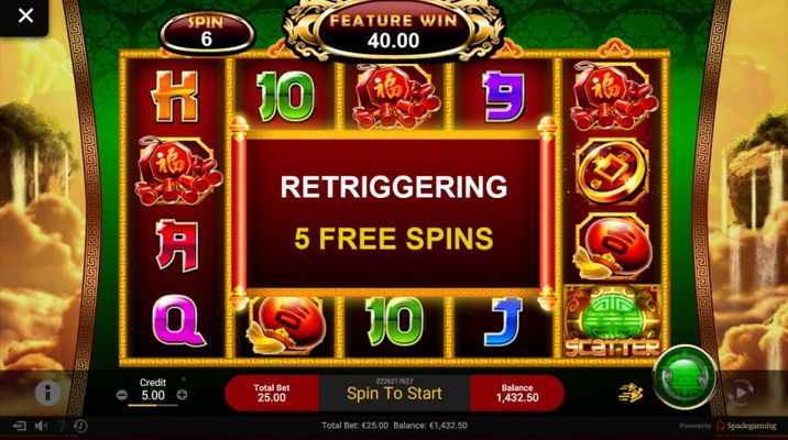 Landing two scatter symbols retriggers 5 additional free spins