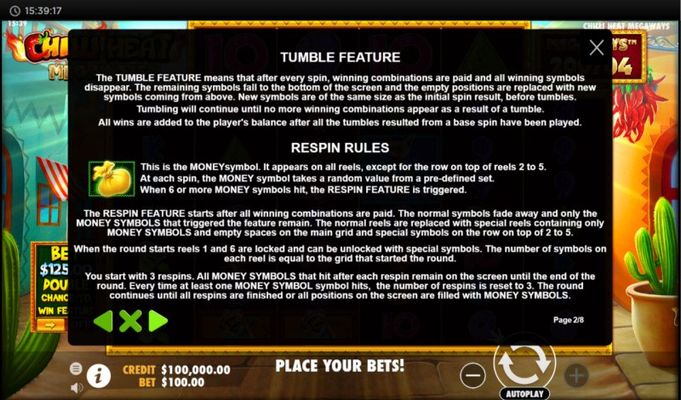Tumble Feature and Respin Rules