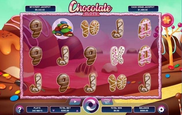 A chocolate candy themed main game board featuring five reels and 243 ways to win with a progressive jackpot max payout