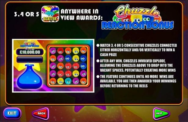 3, 4 or 5 multicolored chuzzle scatter symbols anywhere awards the Chuzzle Reaction Bonus.