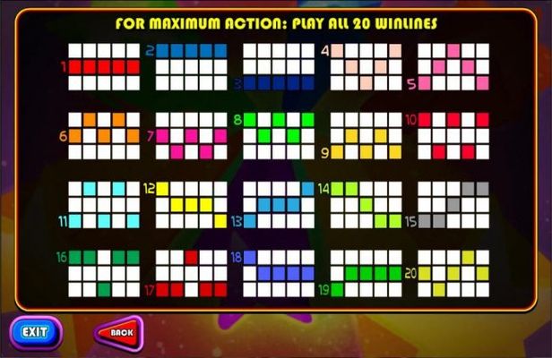 Payline Diagrams 1-20. For maxium action: play all 20 paylines.