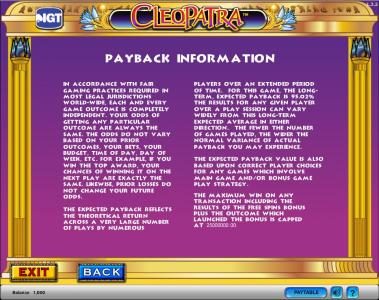 Cleopatra slot game  payback information