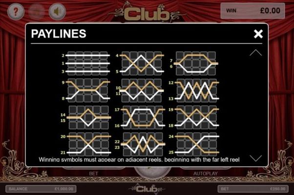 Payline Diagrams 1-25. Winning symbols must appear on adjacent reels, beginning with the far left reel.
