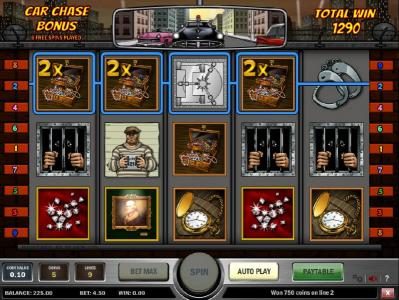 here is an example of a four of a kind with a 2x multiplier triggering a big win jackpot during the car chase bonus feature