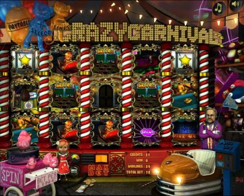 An amusement park themed main game board featuring five reels and 24 paylines with a $12,000 max payout.