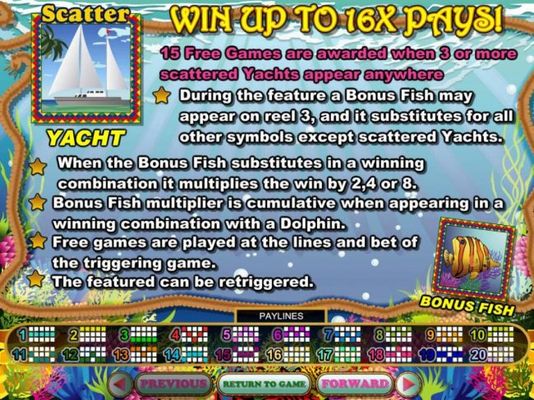 Win up to 16x Pays! 15 free games are awarded when 3 or more scattered yachts appear anywhere.
