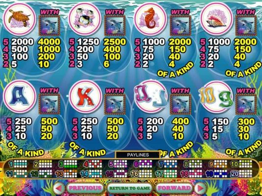 Slot game symbols paytable featuring sea ceature inspired icons.