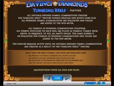 Da Vinci Diamonds slot game tumbling reels feature