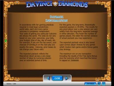 Da Vinci Diamonds slot game payback information
