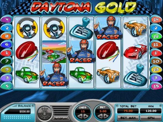 Three bonus racer symbols on an active payline on reels 2, 3 and 4 triggers the Speedway Bonus feature.