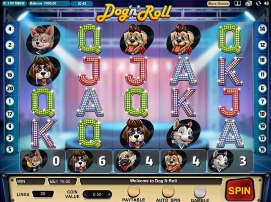 A dog rock band themed main game board featuring five reels and 20 paylines with a $500,000 max payout
