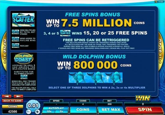 Free Spins Bonus win up to 7.5 million coins. 3, 4 or 5 scatter symbols win 15,20 or 25 free games! Win Dolphin Bonus - Win up to 800,000 coins.