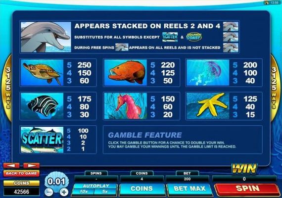 High value slot game symbols paytable featuring assorted sea creatures