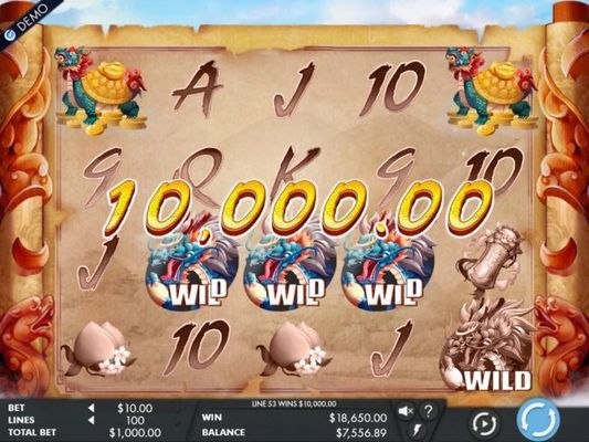 A winning five of a kind turtles triggers a 10,000.00 line pay to an total jackpot win of 18,650.00