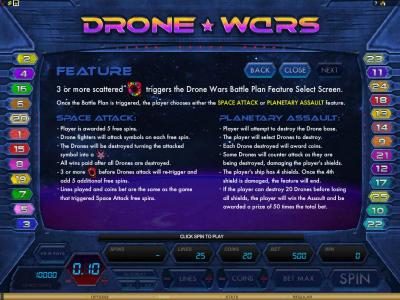 3 or more scatter symbols triigers the drone wars battle plan feature select screen
