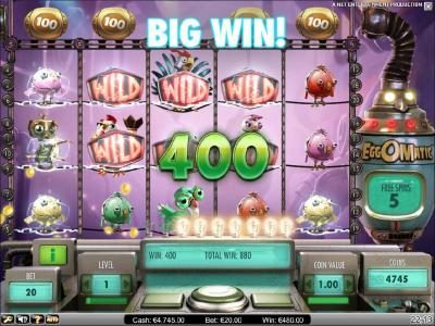 spreading wild feature triggers a 400 coin big win jackpot