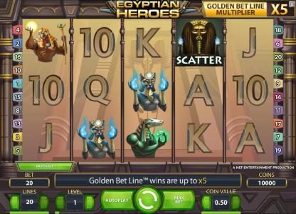 main game board featuring five reels, twenty paylines and a chance to win up to 100000 coins